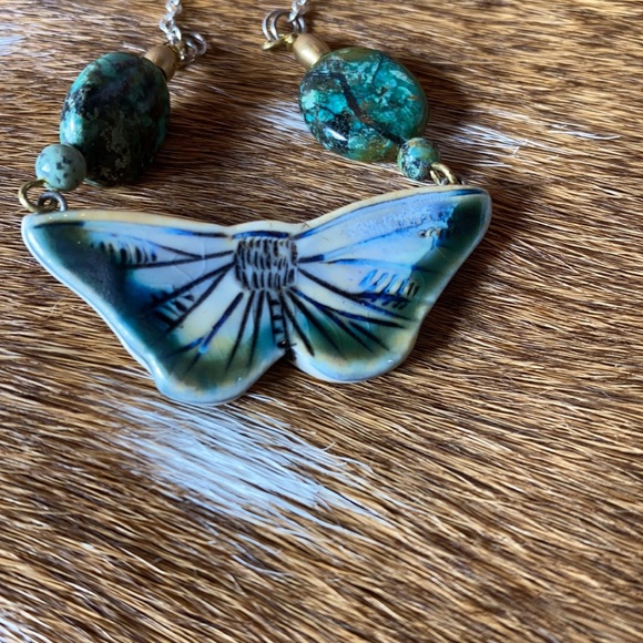 Sterling & turquoise ceramic butterfly necklace - Picture 3 of 5